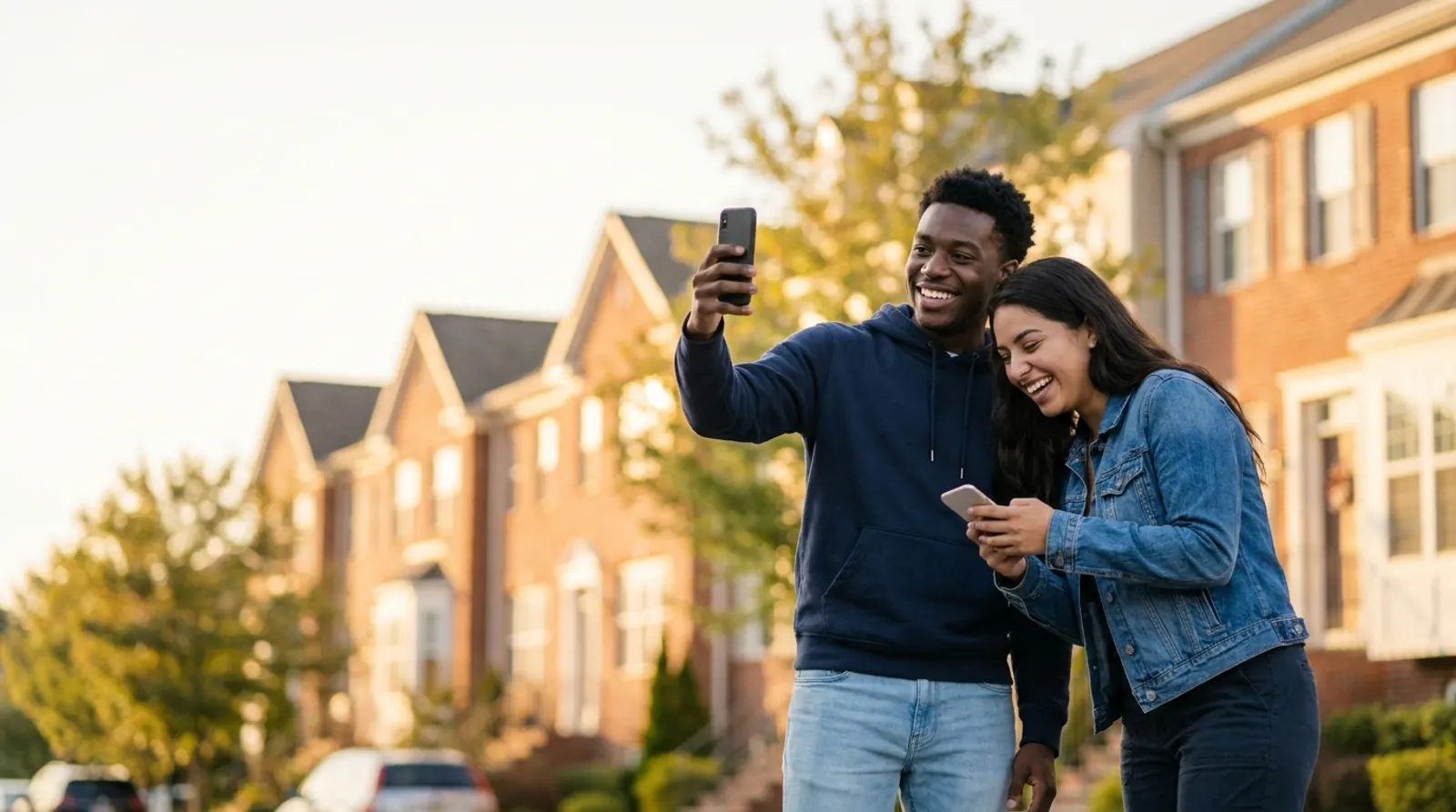 Two creators laughing while filming content on their phones on a brick-townhouse street